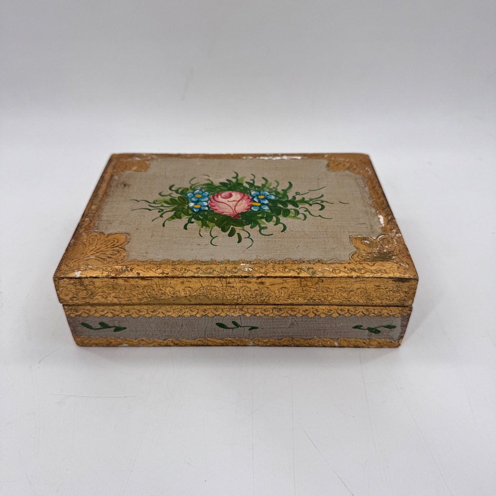 Vintage Florentine Gold Gilt Jewelry Box Hand Painted Rose Made Italy 7x5